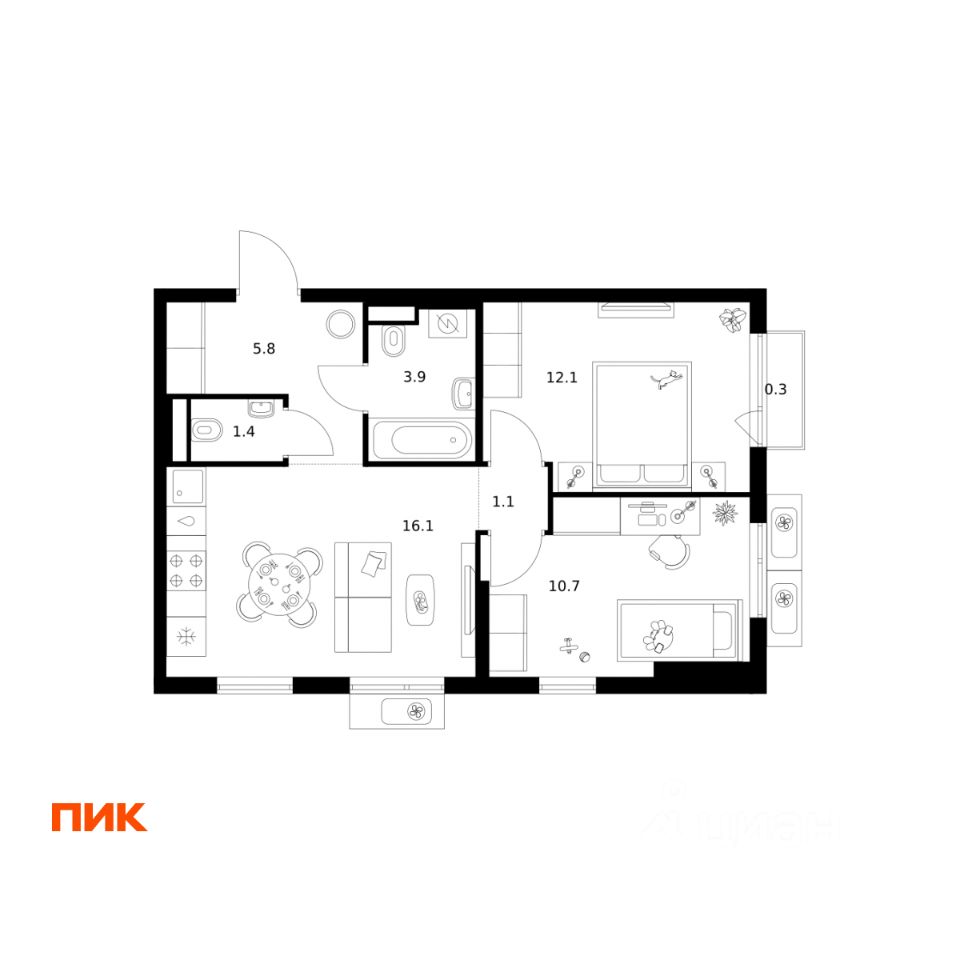 2-комн.кв., 51,4 м², 12/25 этаж