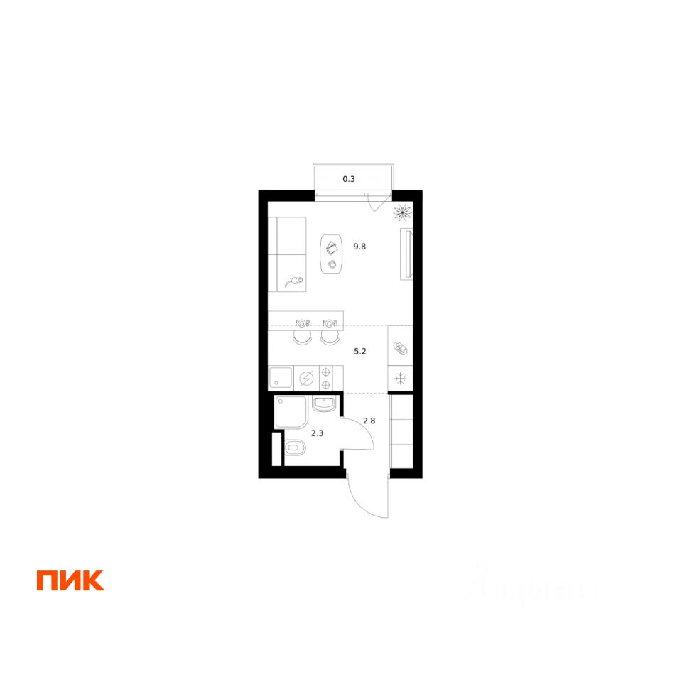Студия, 20,4 м², 9/25 этаж