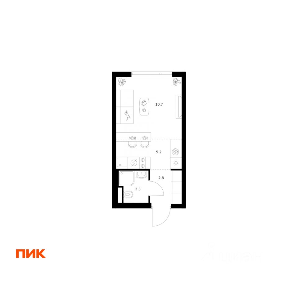 Студия, 21 м², 24/25 этаж