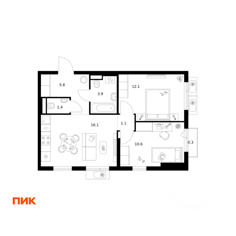 2-комн.кв., 51,3 м², 5/25 этаж