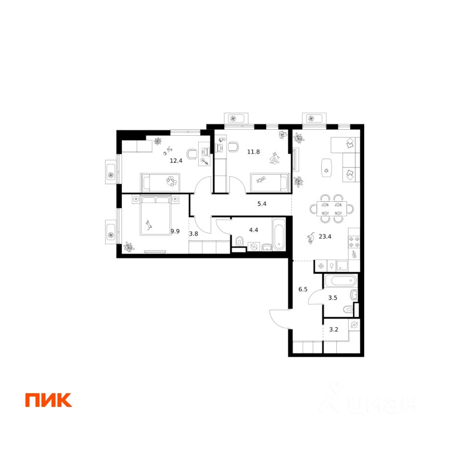 3-комн.кв., 84,3 м², 22/25 этаж