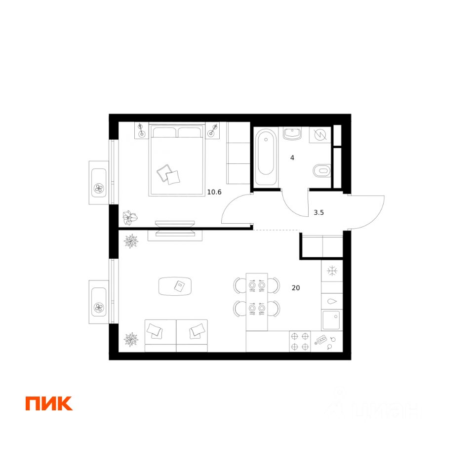 1-комн.кв., 38,1 м², 20/25 этаж