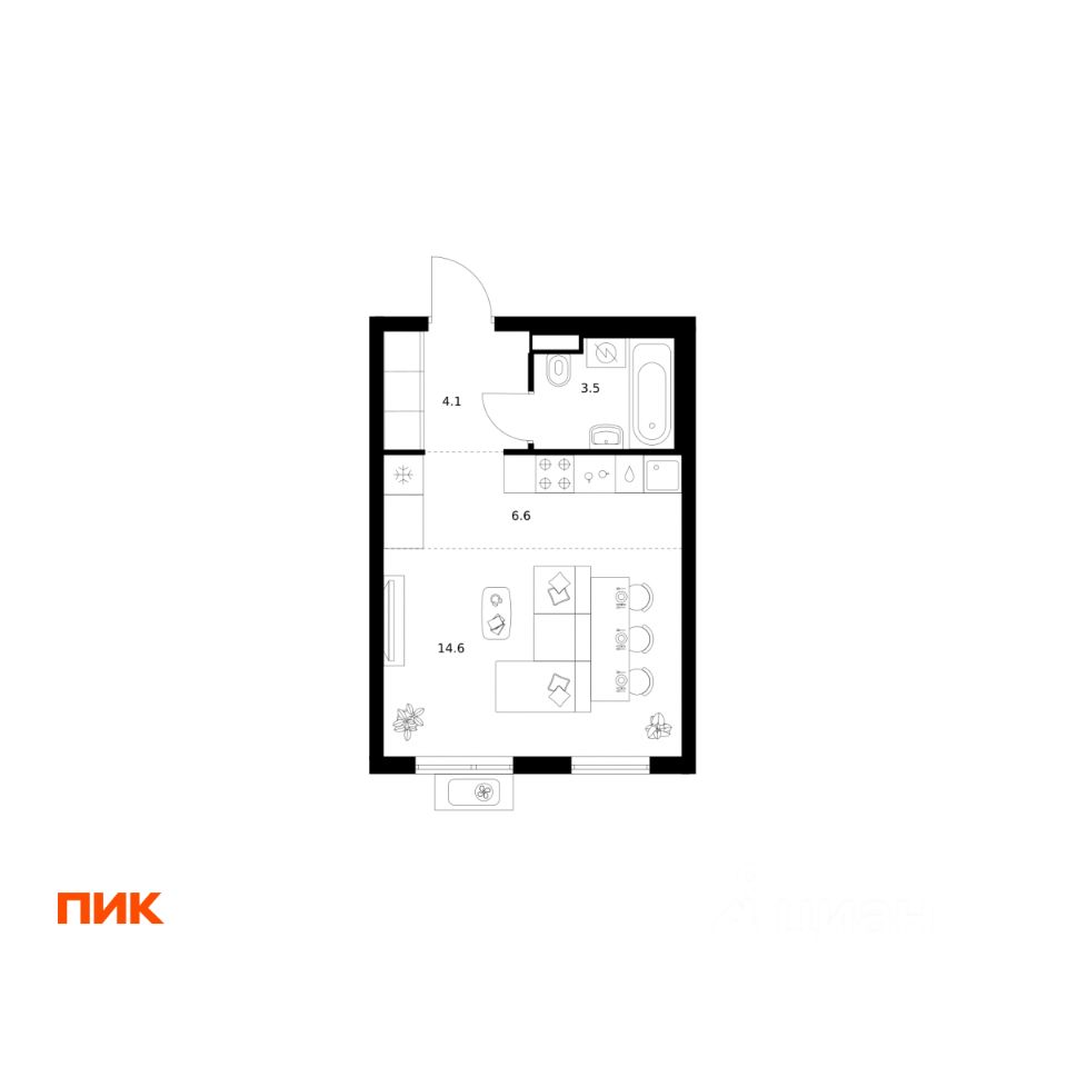 Студия, 28,8 м², 13/25 этаж