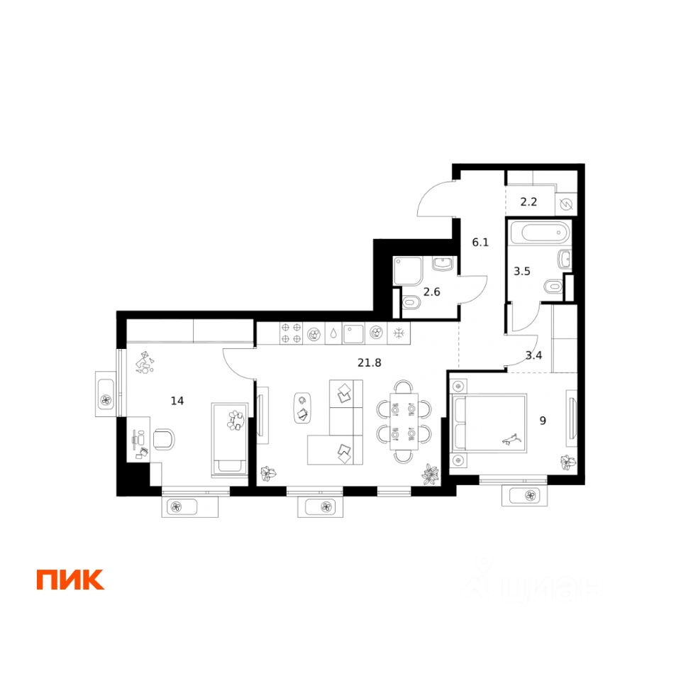 2-комн.кв., 62,6 м², 4/25 этаж