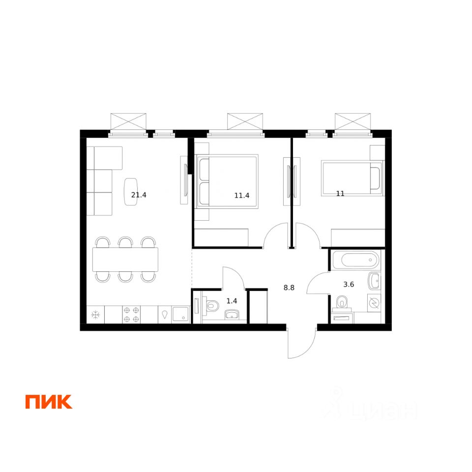 2-комн.кв., 57,6 м², 18/25 этаж