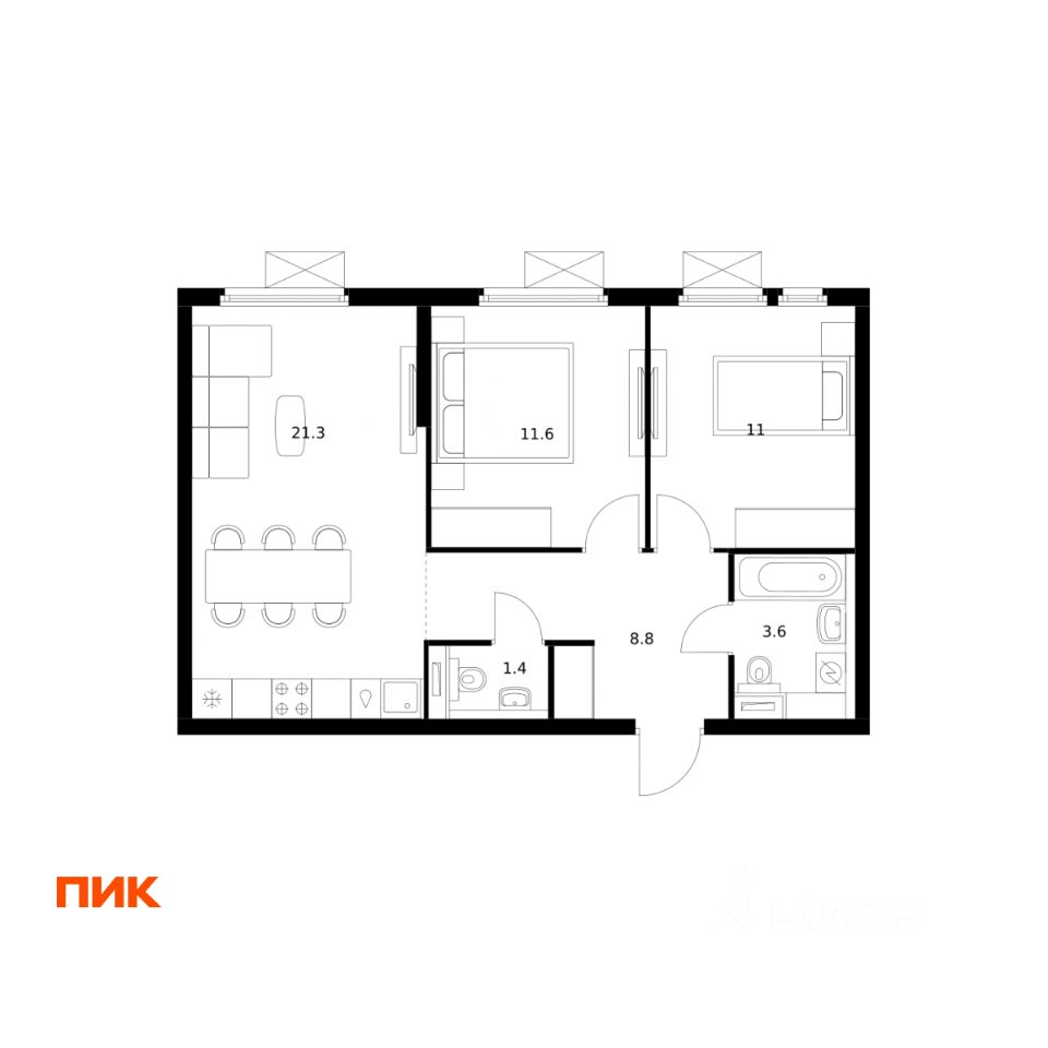 2-комн.кв., 57,7 м², 13/25 этаж