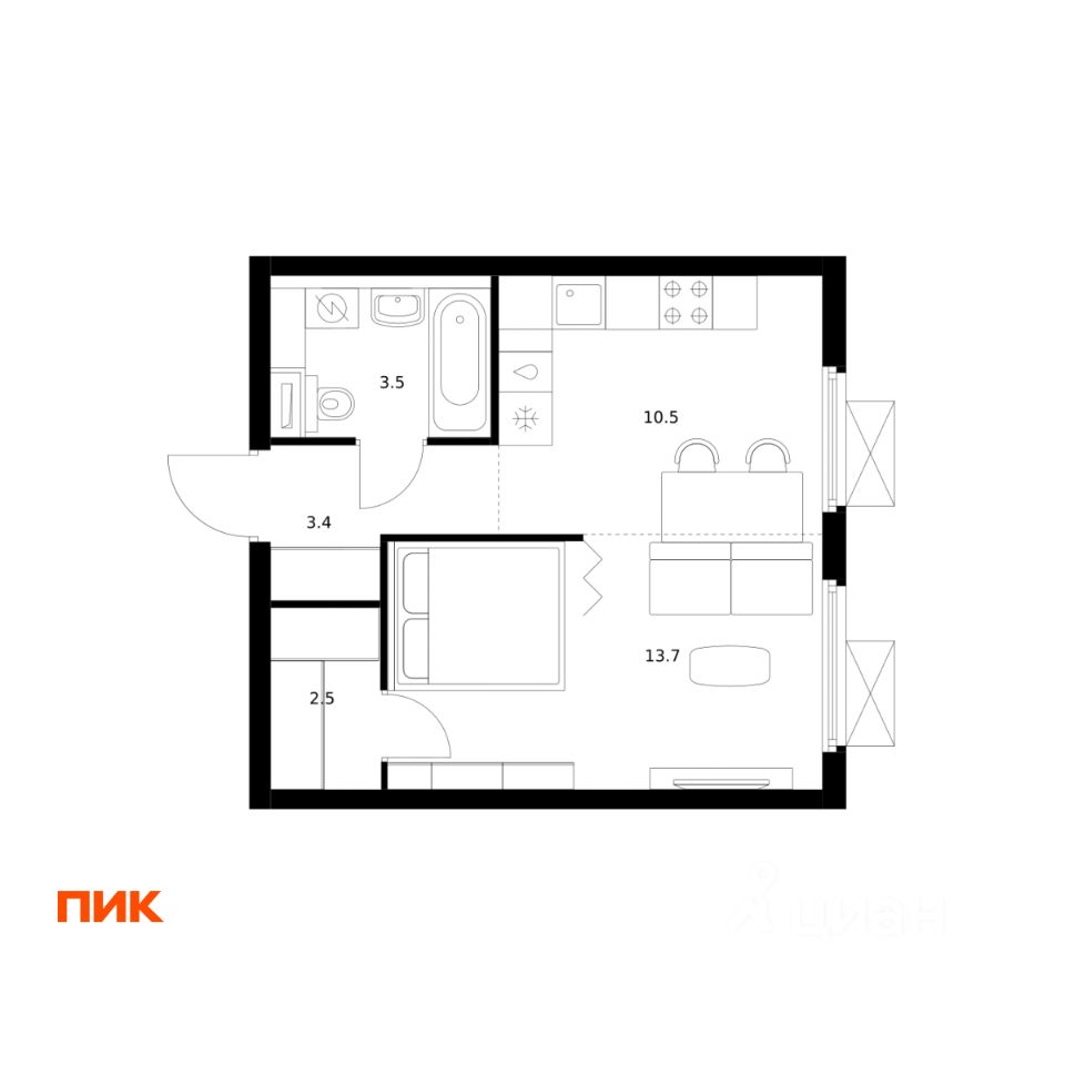 1-комн.кв., 33,6 м², 20/25 этаж