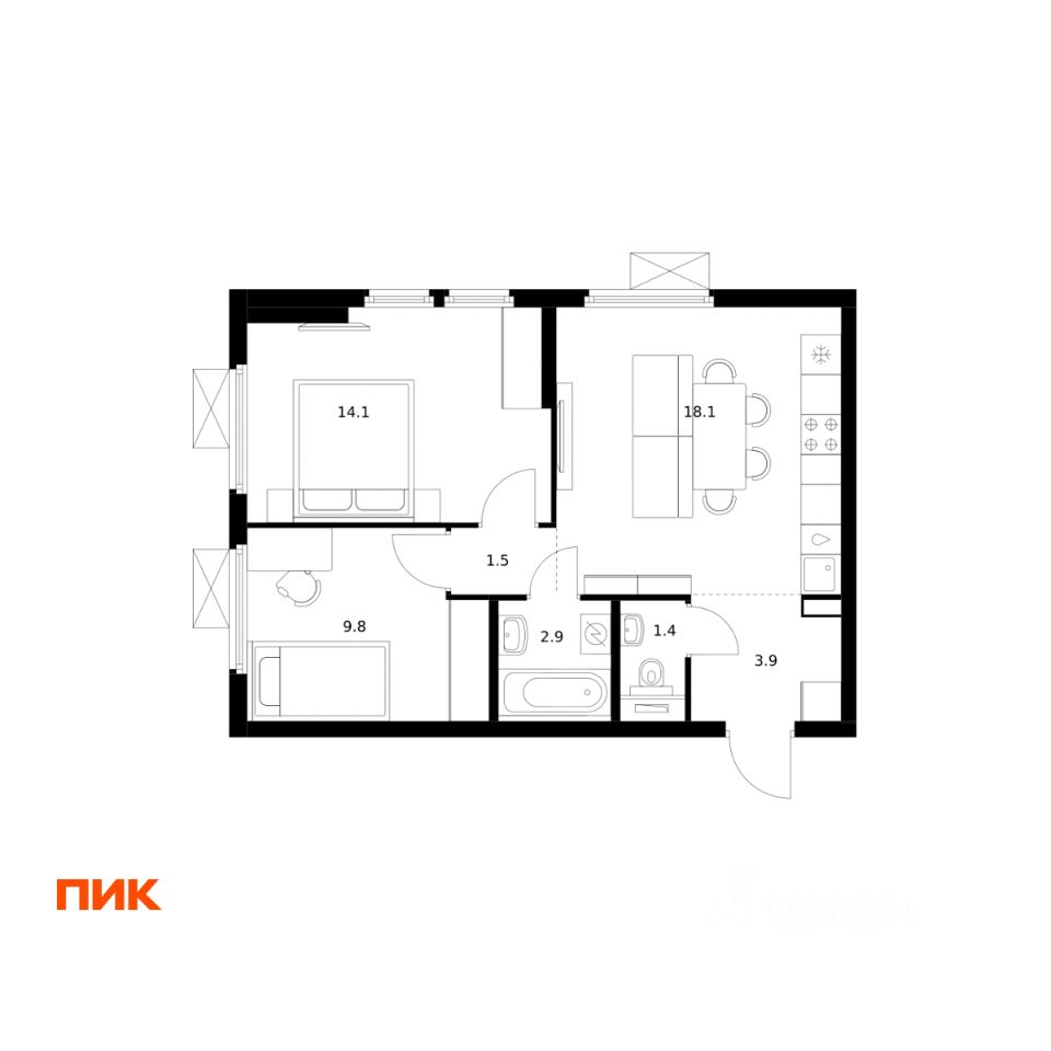 2-комн.кв., 51,7 м², 15/25 этаж