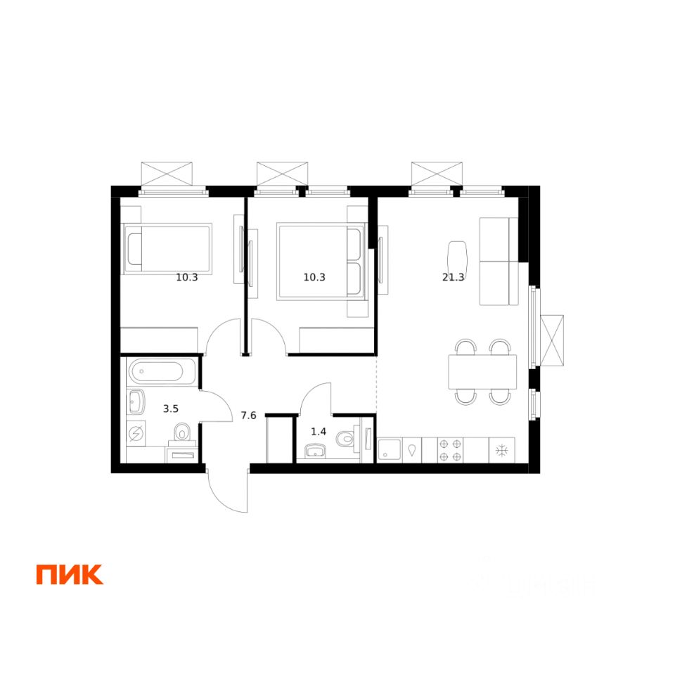 2-комн.кв., 54,4 м², 18/25 этаж