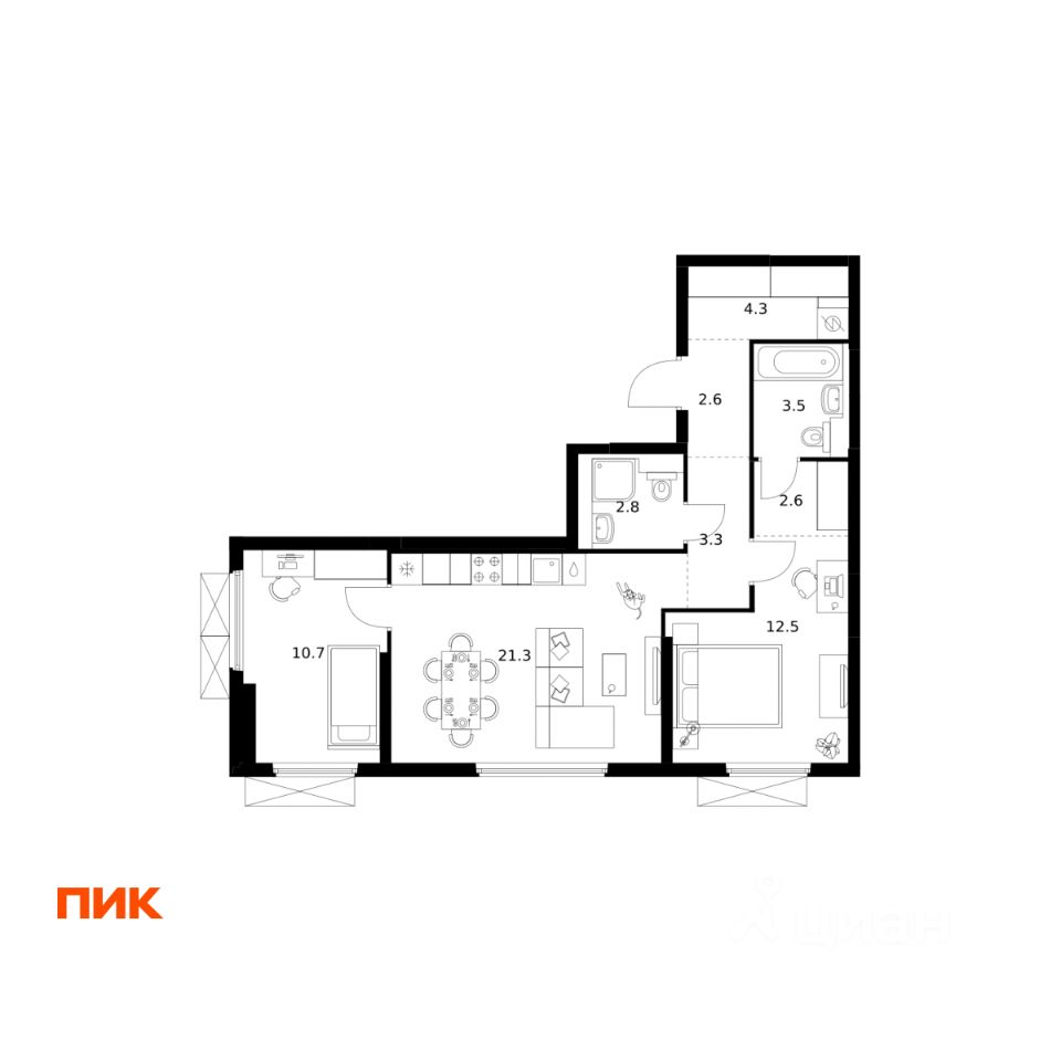 2-комн.кв., 63,6 м², 22/25 этаж