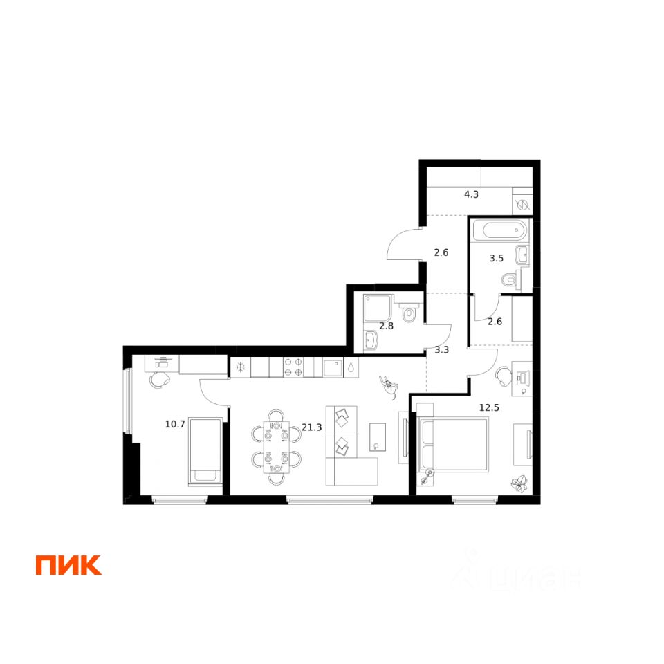 2-комн.кв., 63,6 м², 2/25 этаж