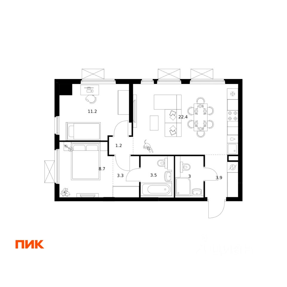2-комн.кв., 57,2 м², 13/25 этаж