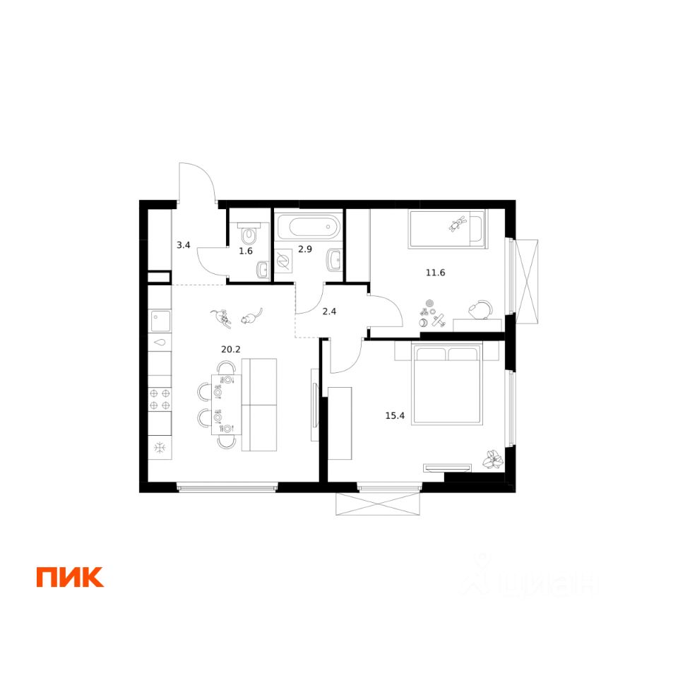 2-комн.кв., 57,5 м², 14/25 этаж