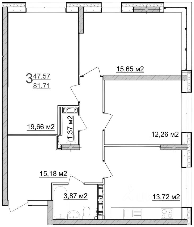 Планировка этой квартиры по данным Циан
