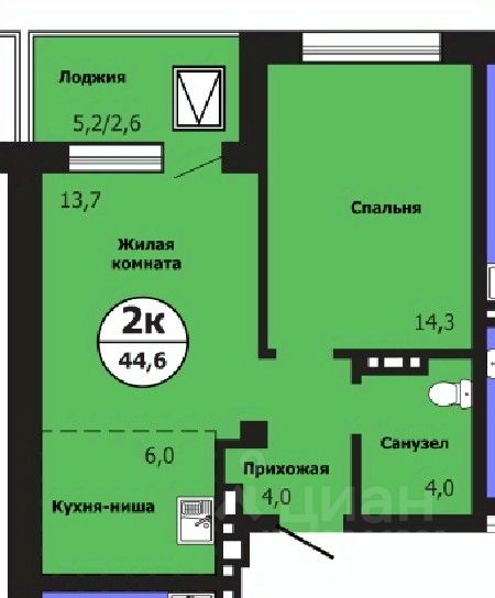 2-комн.кв., 43,6 м², 10/19 этаж