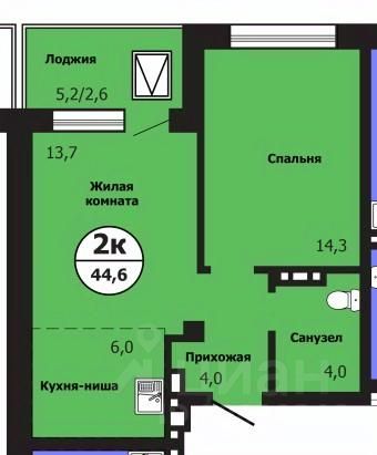 2-комн.кв., 43,7 м², 16/19 этаж