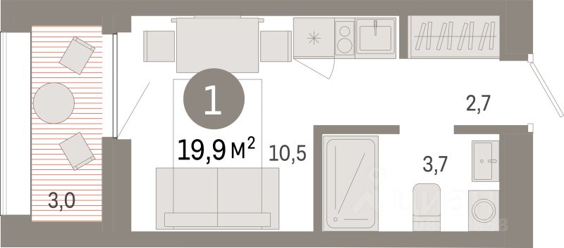 Студия, 19,9 м², 11/17 этаж