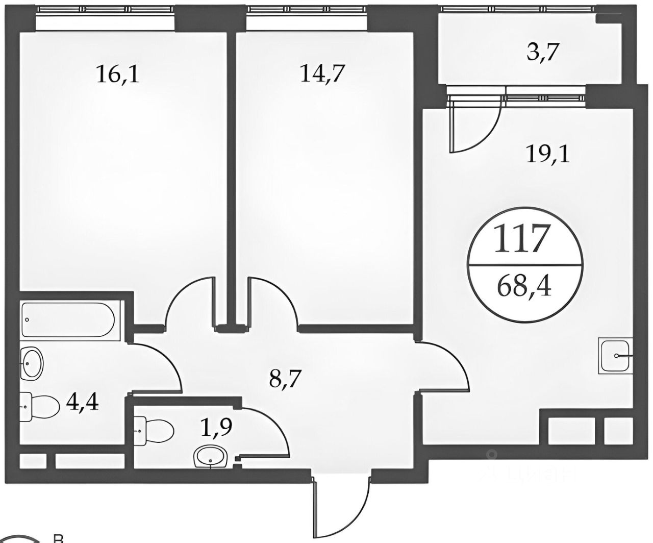 Планировка этой квартиры по данным Циан