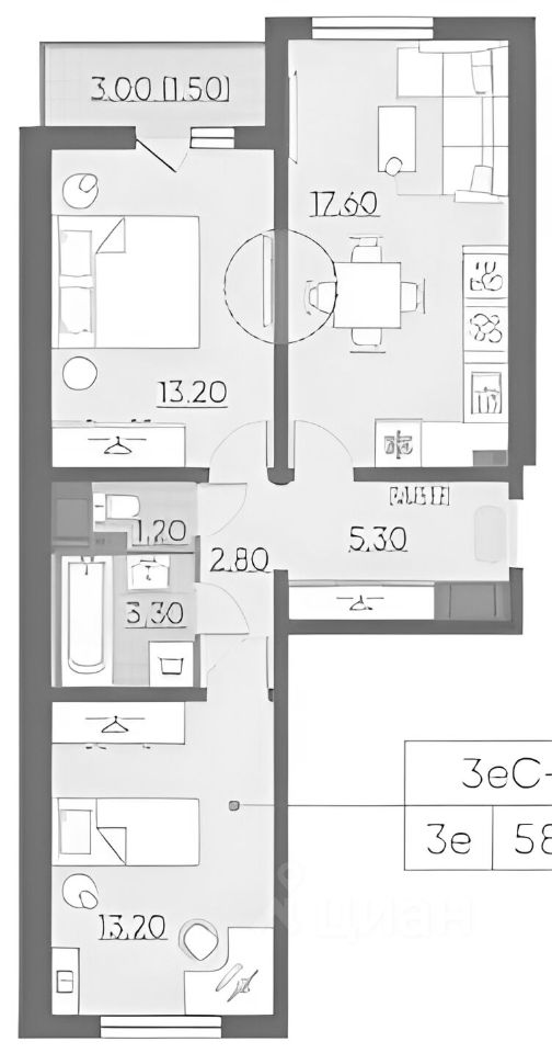 Планировка этой квартиры по данным Циан