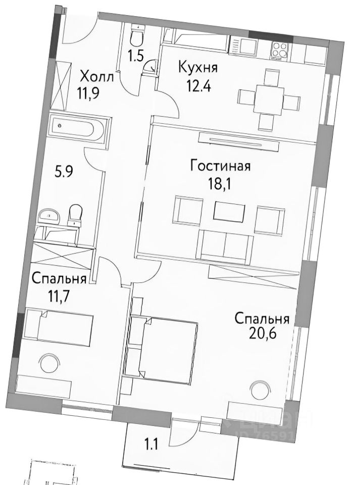 Планировка этой квартиры по данным Циан