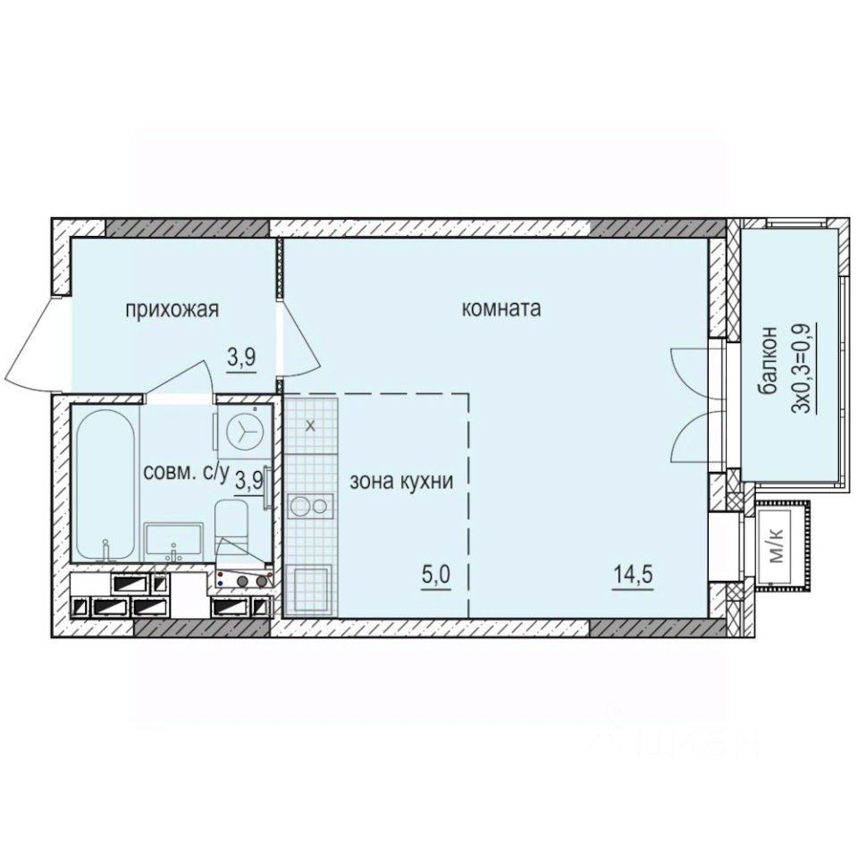 Студия, 28,2 м², 6/14 этаж