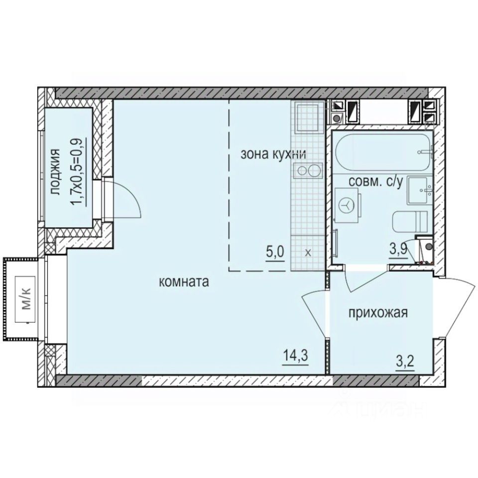 Студия, 27,3 м², 9/14 этаж