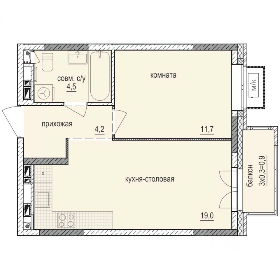 1-комн.кв., 40,3 м², 3/14 этаж