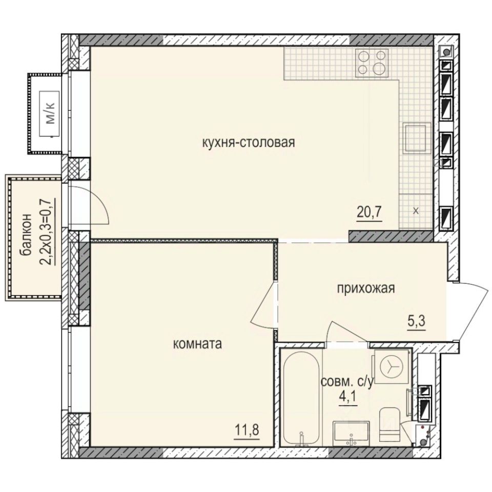 1-комн.кв., 42,6 м², 3/14 этаж