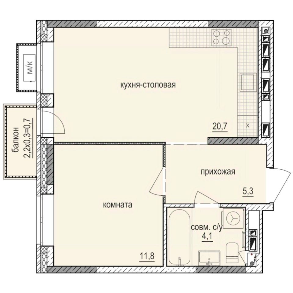 1-комн.кв., 42,6 м², 6/14 этаж