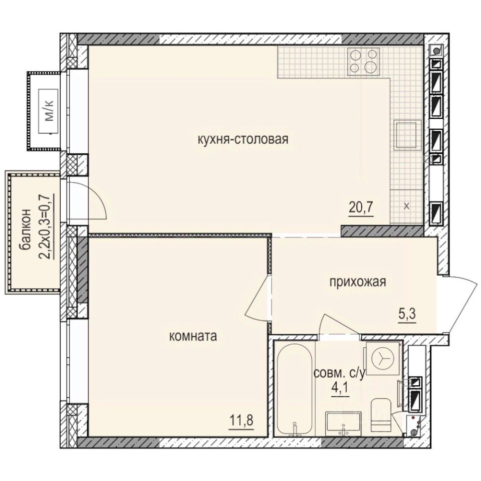 1-комн.кв., 42,6 м², 8/14 этаж