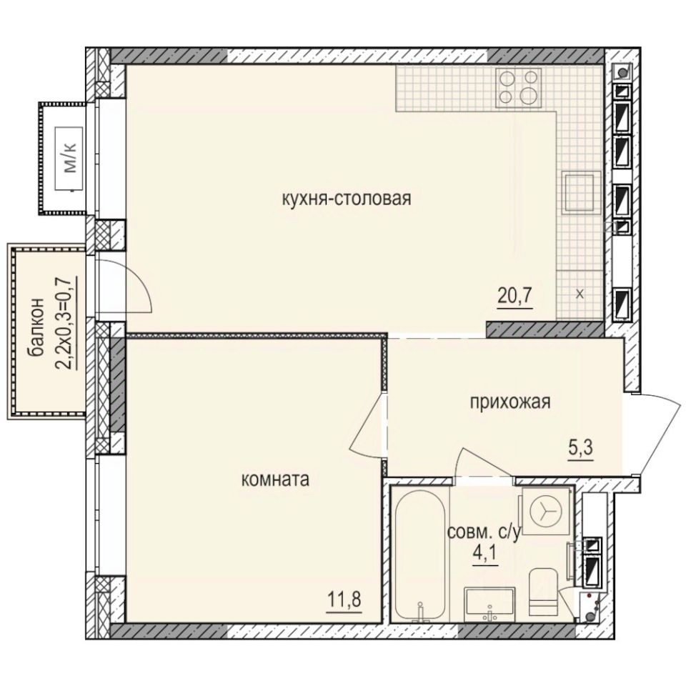 1-комн.кв., 42,6 м², 10/14 этаж