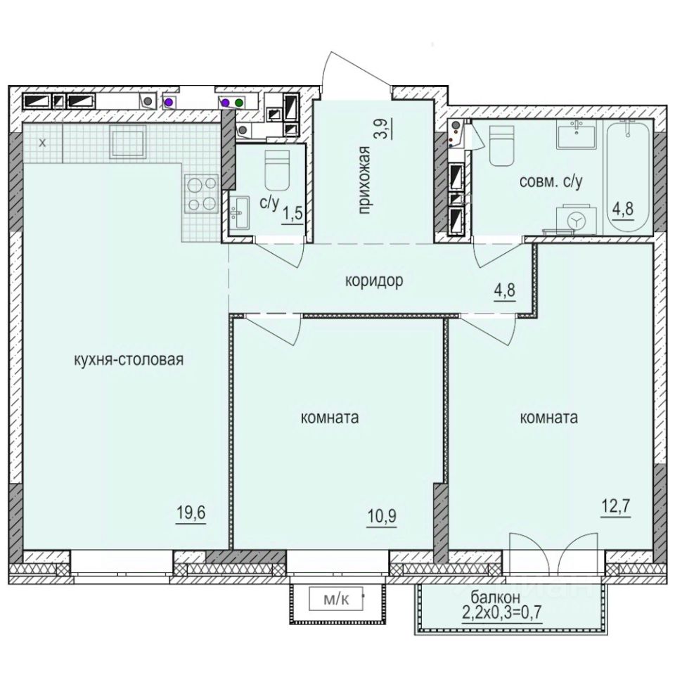 2-комн.кв., 58,9 м², 7/14 этаж