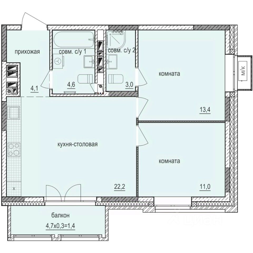 2-комн.кв., 59,7 м², 6/14 этаж