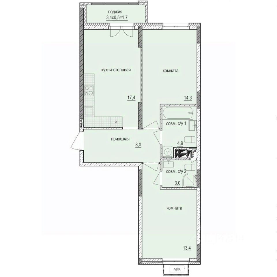 2-комн.кв., 62,7 м², 4/14 этаж
