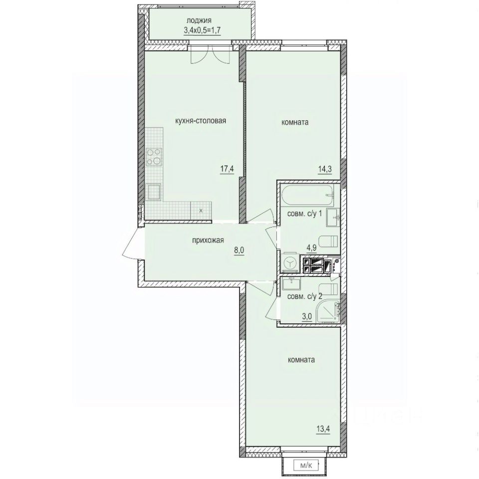 2-комн.кв., 62,7 м², 6/14 этаж