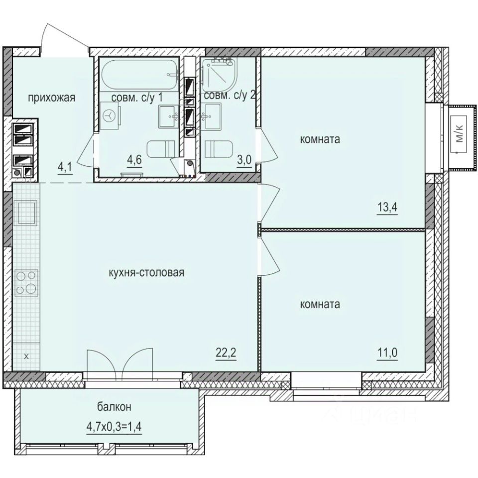 2-комн.кв., 59,7 м², 10/14 этаж