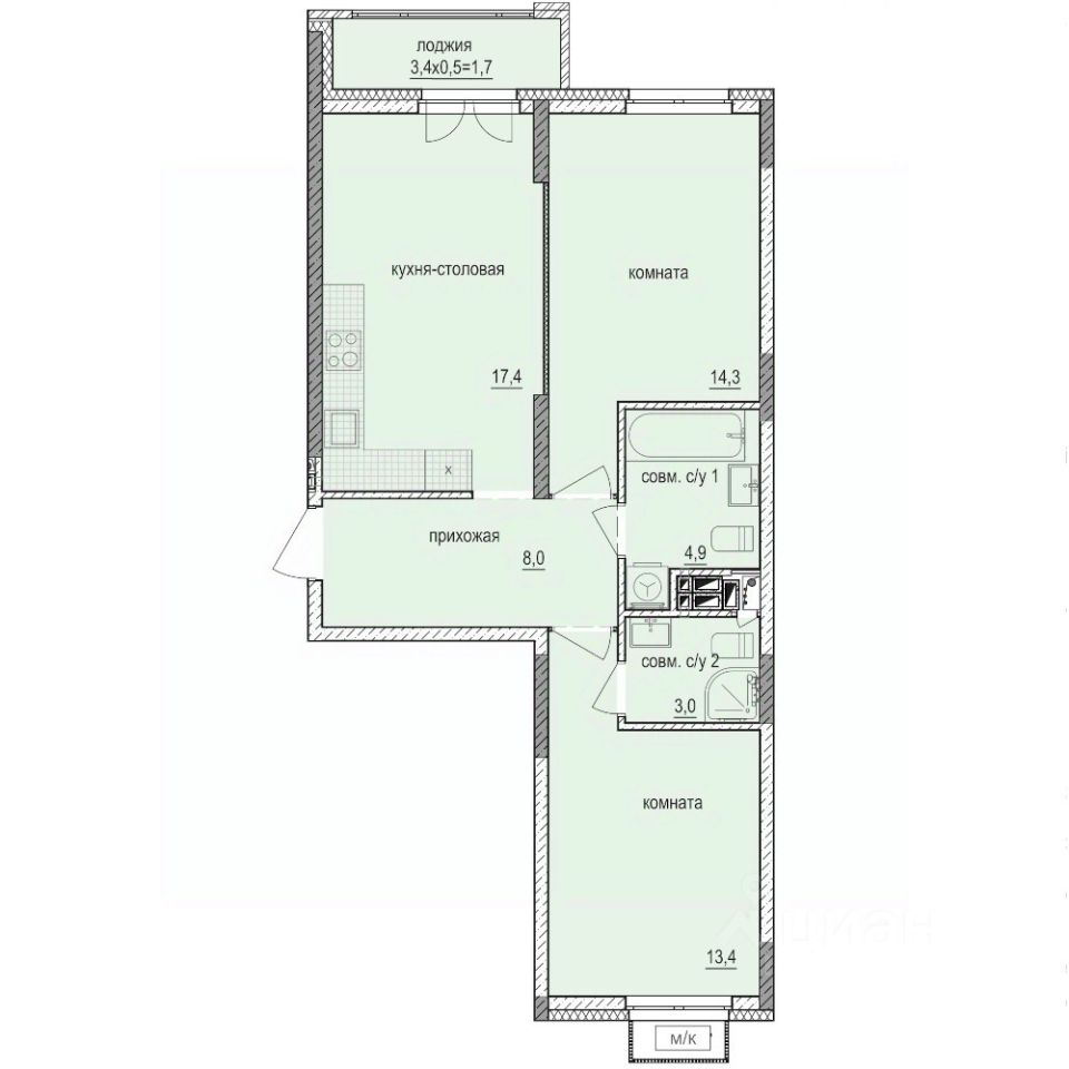 2-комн.кв., 62,7 м², 8/14 этаж