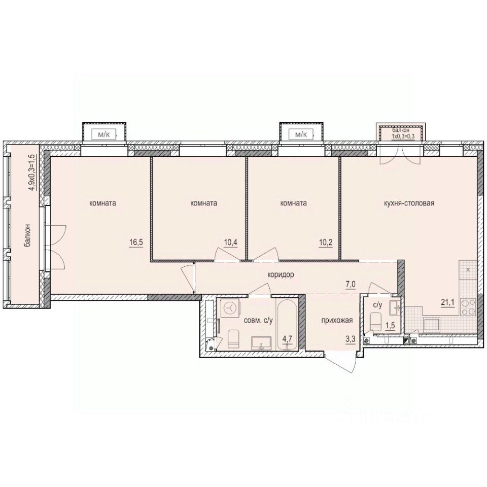 3-комн.кв., 76,5 м², 2/14 этаж