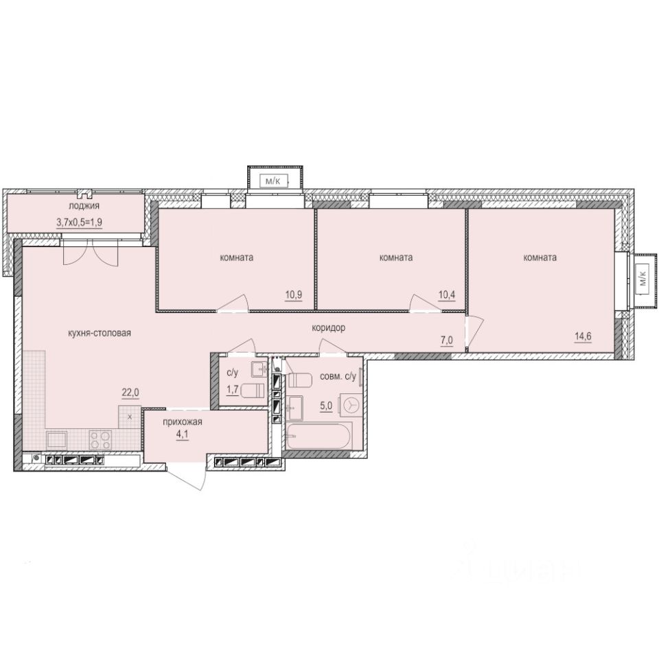 3-комн.кв., 77,6 м², 3/14 этаж