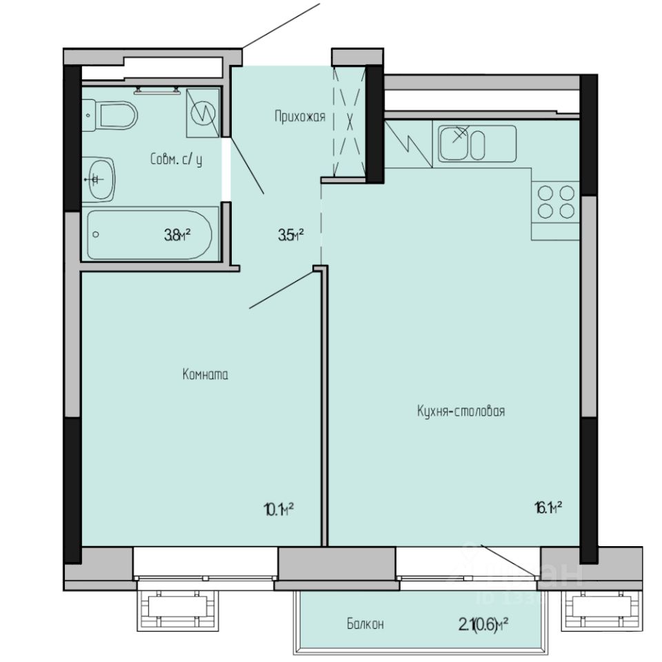 1-комн.кв., 34,1 м², 3/17 этаж