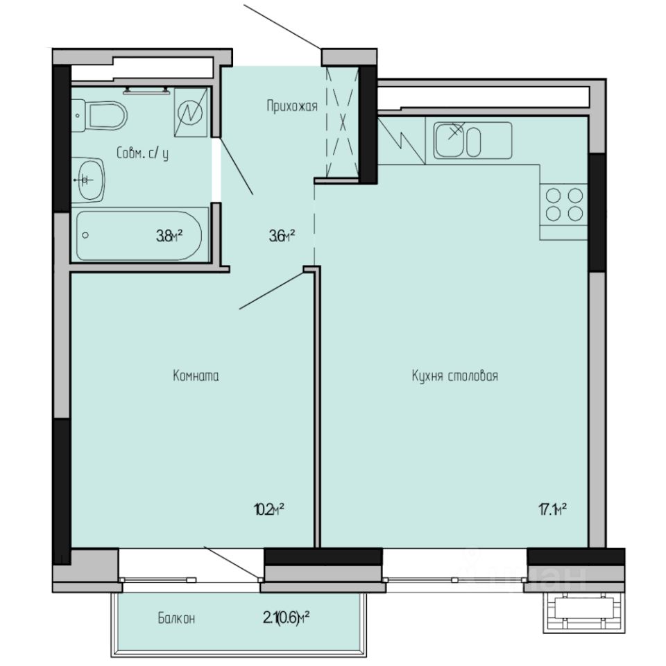 1-комн.кв., 35,3 м², 4/17 этаж