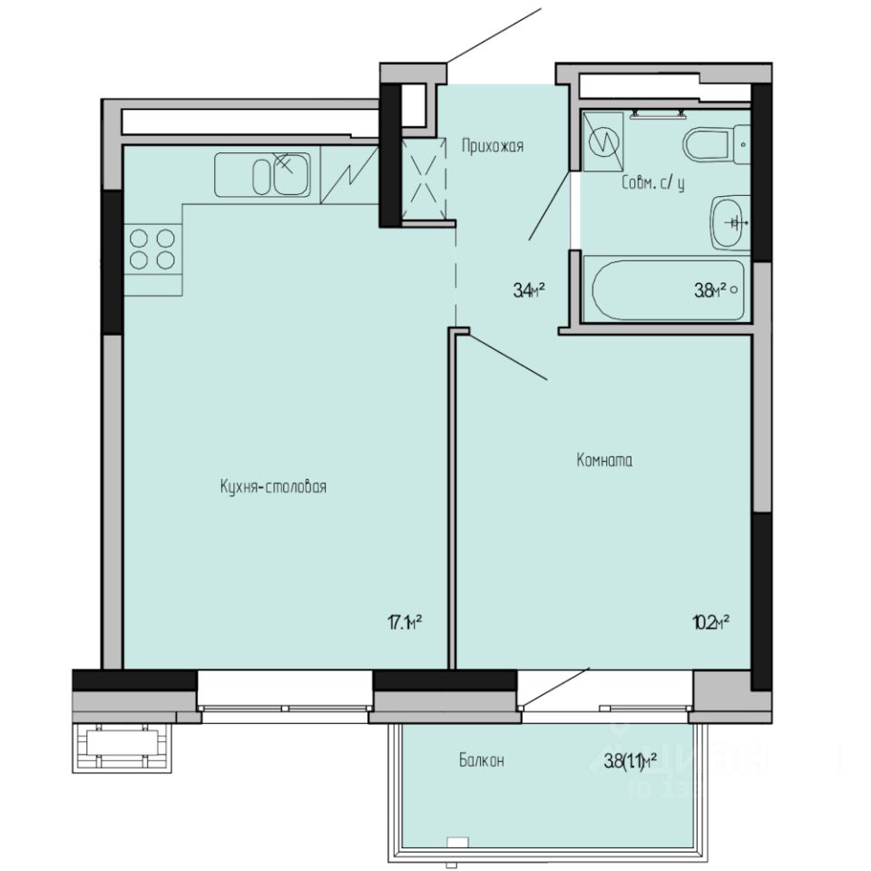 1-комн.кв., 35,6 м², 4/17 этаж