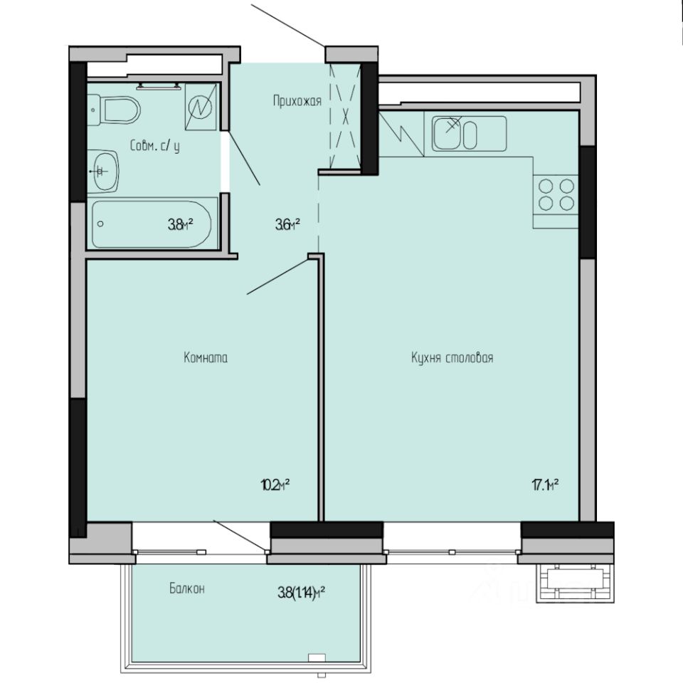 1-комн.кв., 35,8 м², 5/17 этаж