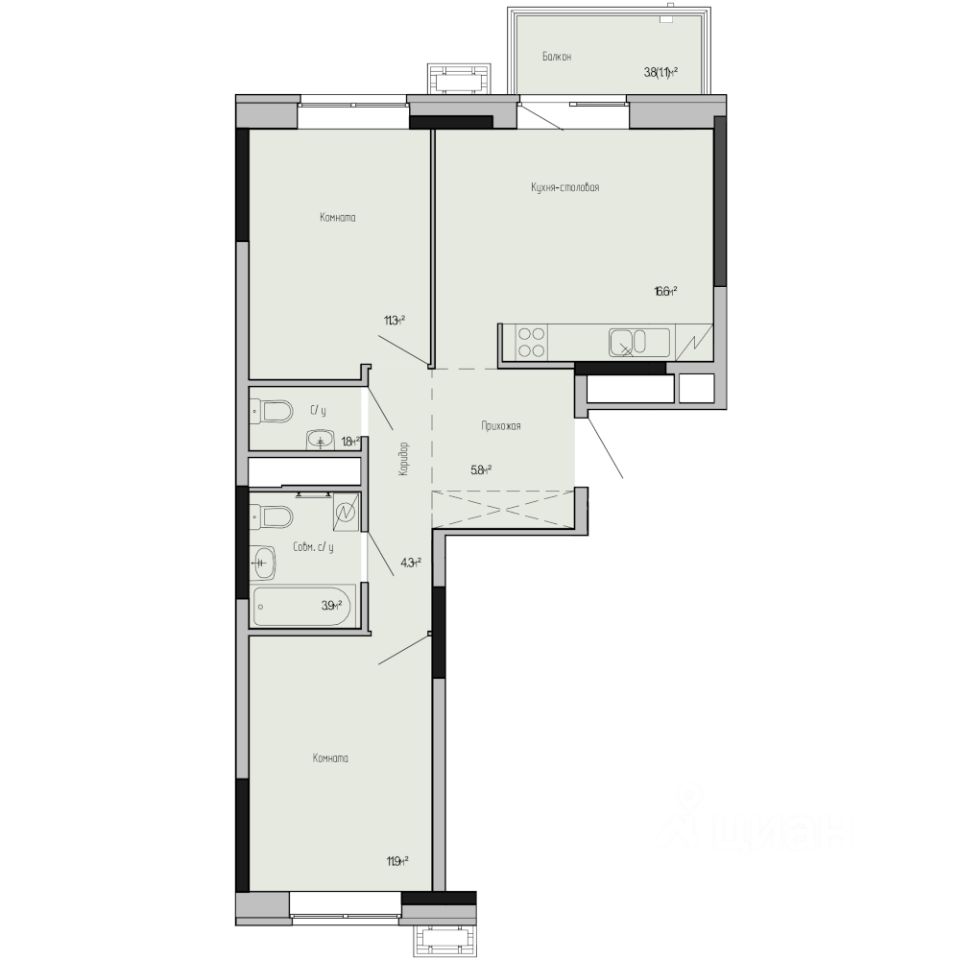2-комн.кв., 56,7 м², 2/17 этаж