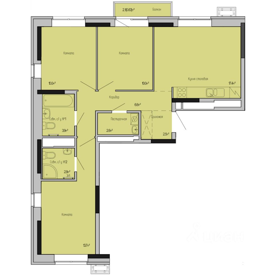 3-комн.кв., 70,1 м², 3/17 этаж