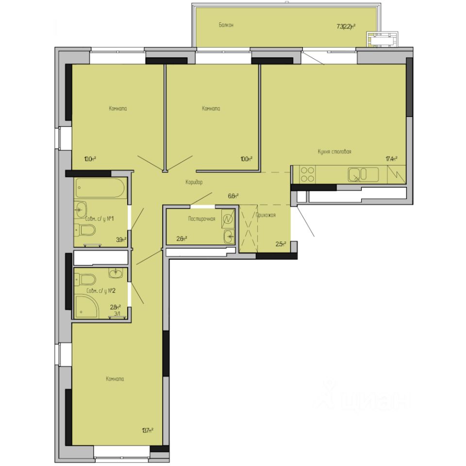 3-комн.кв., 71,7 м², 6/17 этаж
