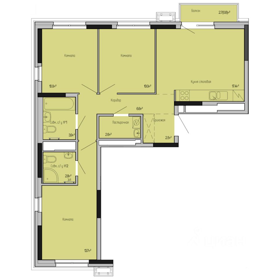 3-комн.кв., 70,3 м², 13/17 этаж