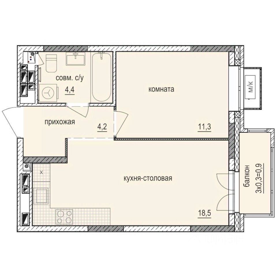 1-комн.кв., 39,3 м², 3/14 этаж