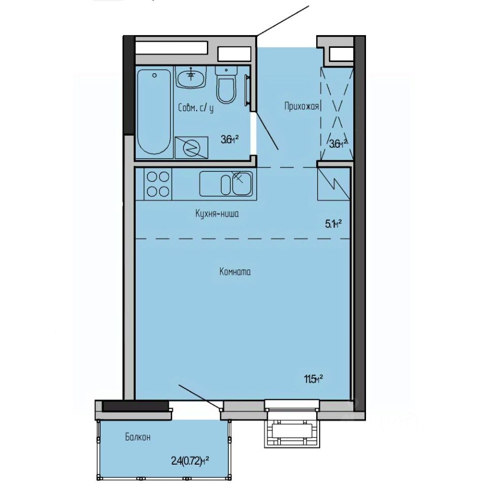 Студия, 24,5 м², 6/17 этаж