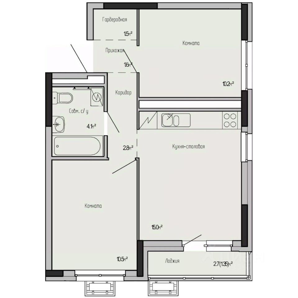 2-комн.кв., 47,1 м², 17/17 этаж